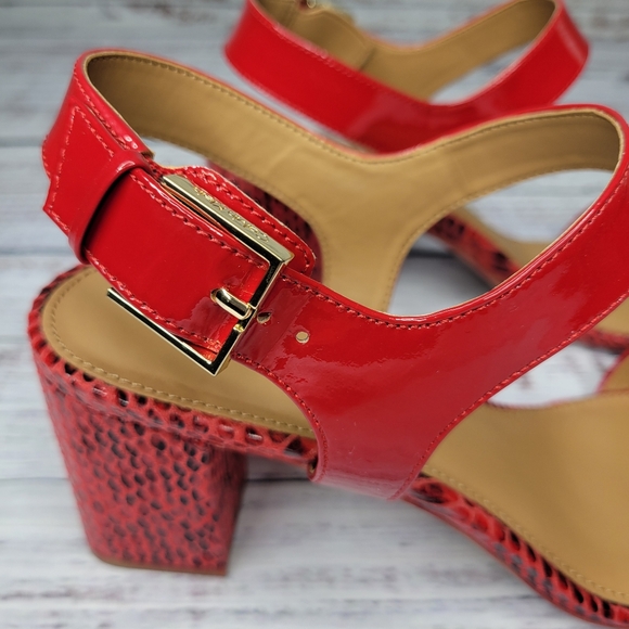 Calvin Klein Cimi Red Patent Open Toe Block Heel Sandals | 8 - Picture 6 of 11